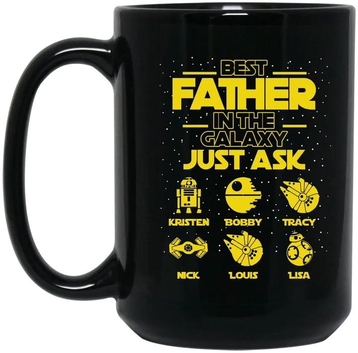 Best Father In The Galaxy with Kids Names Black Mug - Personalized Gifts Custom Black Mug For Dad, Father's Gift