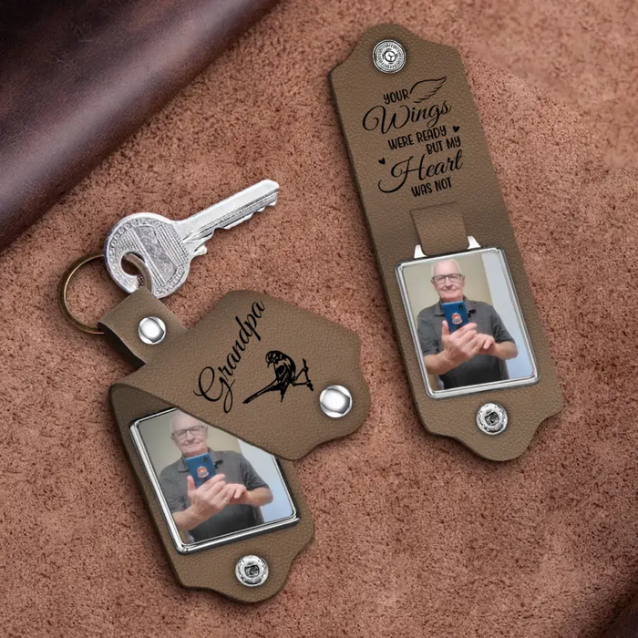 Grandpa Your Wings Were Ready But My Heart Was Not - Personalized Photo Gifts Custom Leather Keychain, Memorial Gifts For Loss of Grandpa, Dad