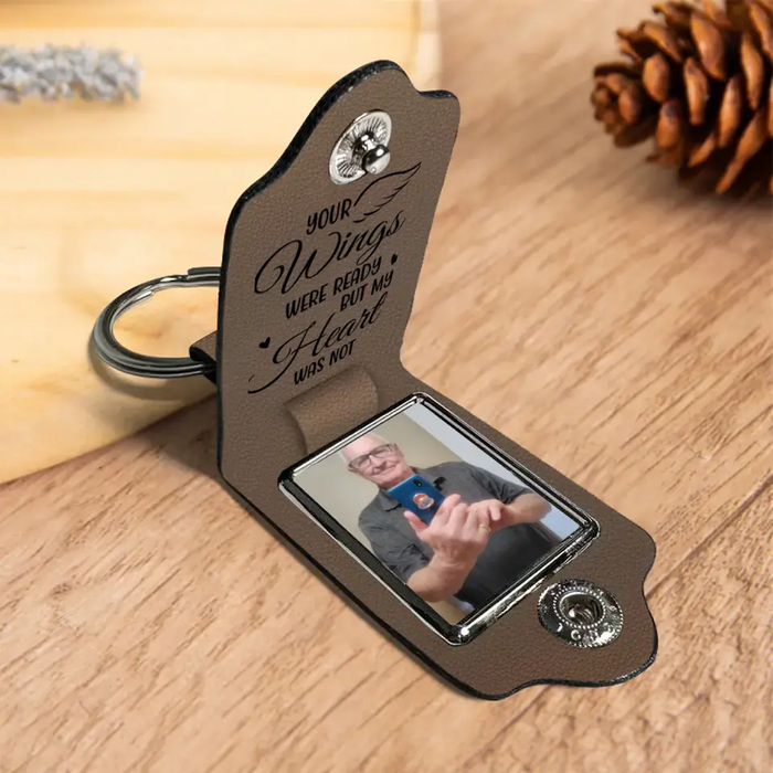 Grandpa Your Wings Were Ready But My Heart Was Not - Personalized Photo Gifts Custom Leather Keychain, Memorial Gifts For Loss of Grandpa, Dad