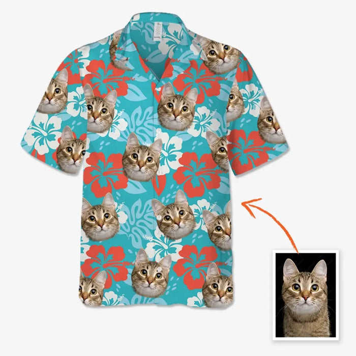 Custom Face Photo Upload Hawaiian Shirt, Hawaiian Shirt for Men, Abstract Hibiscus Flower Cat Hawaiian Shirt