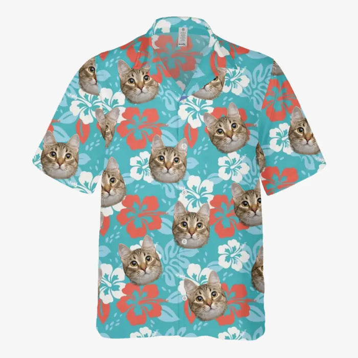 Custom Face Photo Upload Hawaiian Shirt, Hawaiian Shirt for Men, Abstract Hibiscus Flower Cat Hawaiian Shirt