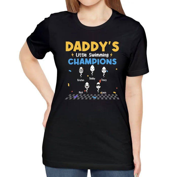 Daddy's Little Swimming Champions with Kids Names - Personalized Dad Shirt, Custom Funny Shirt, Gift For Dad