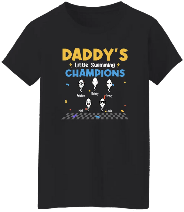 Daddy's Little Swimming Champions with Kids Names - Personalized Dad Shirt, Custom Funny Shirt, Gift For Dad