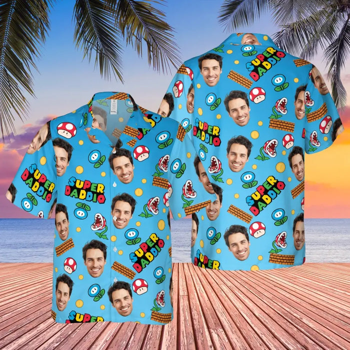 Personalized Super Daddio Hawaiian Shirt, Custom Face Hawaiian Shirt for Men, Gift for Dad, Funny Dad Gamer