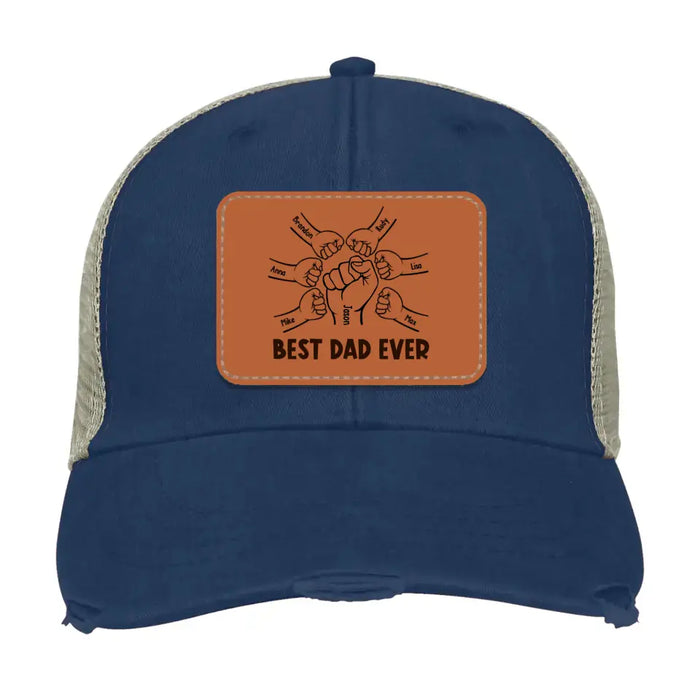 Personalized Best Dad Ever Hat With Kid Names, Custom Father and Son Daughter Punching Hands Hat, Gift for Dad, Leather Patch Hat