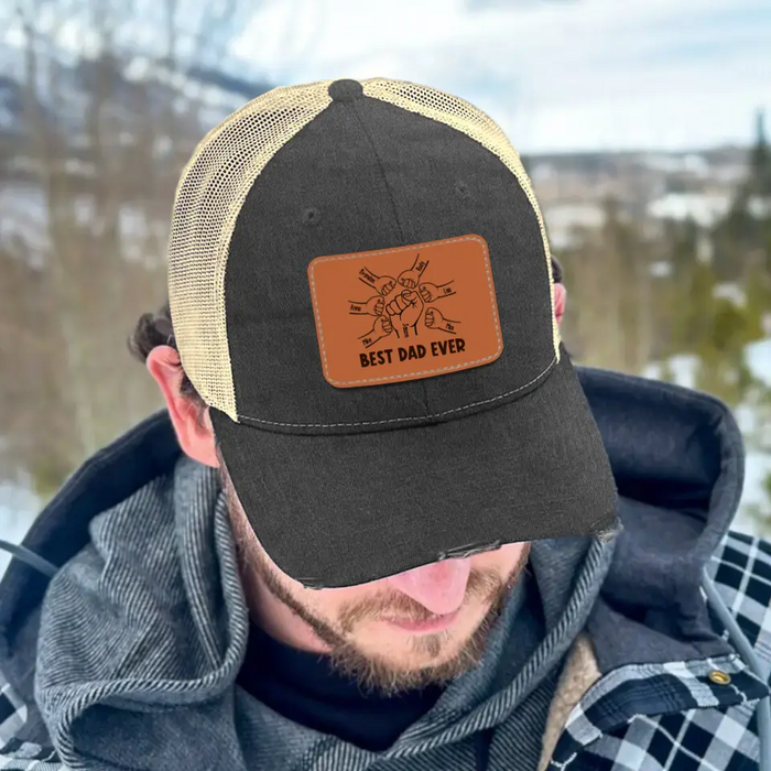 Personalized Best Dad Ever Hat With Kid Names, Custom Father and Son Daughter Punching Hands Hat, Gift for Dad, Leather Patch Hat