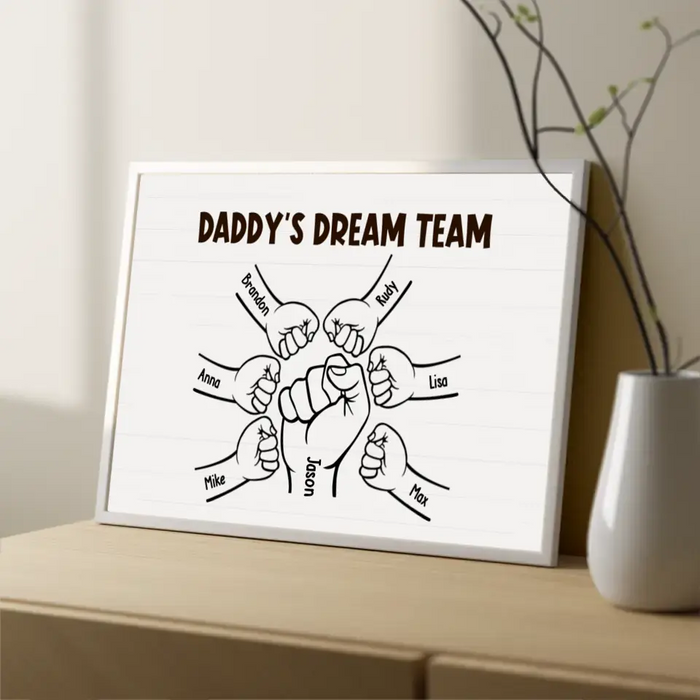 Daddy's Dream Team With Kids Names - Personalized Dad Punching Hands Poster, Gift for Dad