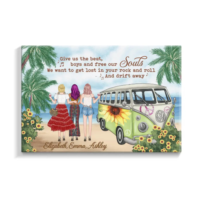 Personalized Canvas, Hippie Girls On Beach, Christmas Gifts for Boho and Car Lovers