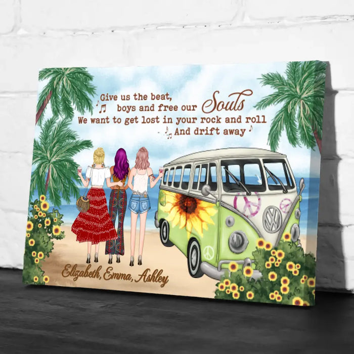 Personalized Canvas, Hippie Girls On Beach, Christmas Gifts for Boho and Car Lovers