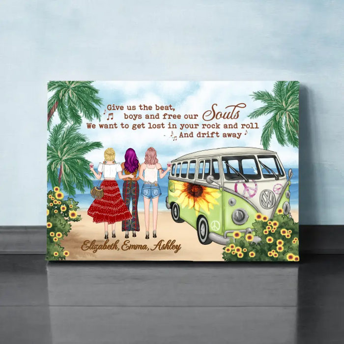 Personalized Canvas, Hippie Girls On Beach, Christmas Gifts for Boho and Car Lovers