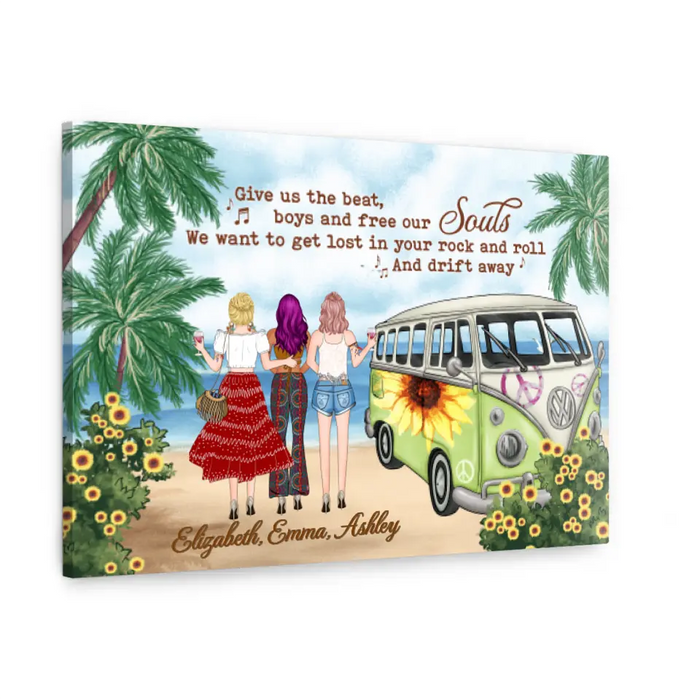 Personalized Canvas, Hippie Girls On Beach, Christmas Gifts for Boho and Car Lovers