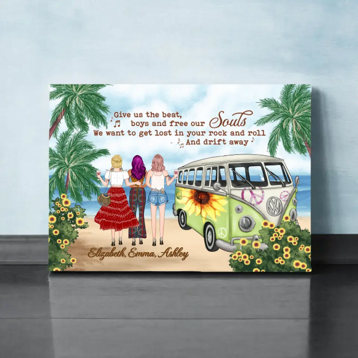 Personalized Canvas, Hippie Girls On Beach, Christmas Gifts for Boho and Car Lovers