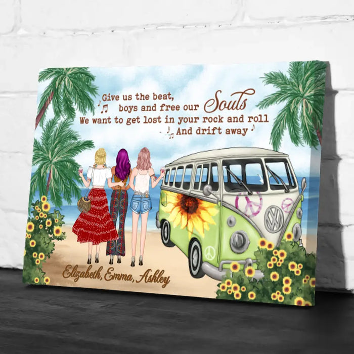 Personalized Canvas, Hippie Girls On Beach, Christmas Gifts for Boho and Car Lovers