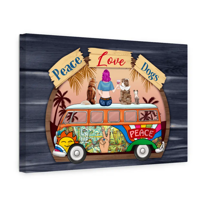 Personalized Canvas, Hippie Girl with Dogs On Bus, Gift for Hippie and Dog Lovers