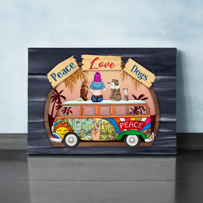 Personalized Canvas, Hippie Girl with Dogs On Bus, Gift for Hippie and Dog Lovers