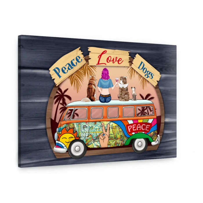 Personalized Canvas, Hippie Girl with Dogs On Bus, Gift for Hippie and Dog Lovers