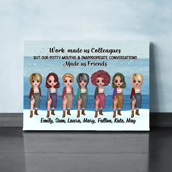 Personalized Canvas, Up To 7 Girls, Gift For Colleagues, Coworkers, Chibi Girls, Sisters, Work Made Us Colleagues