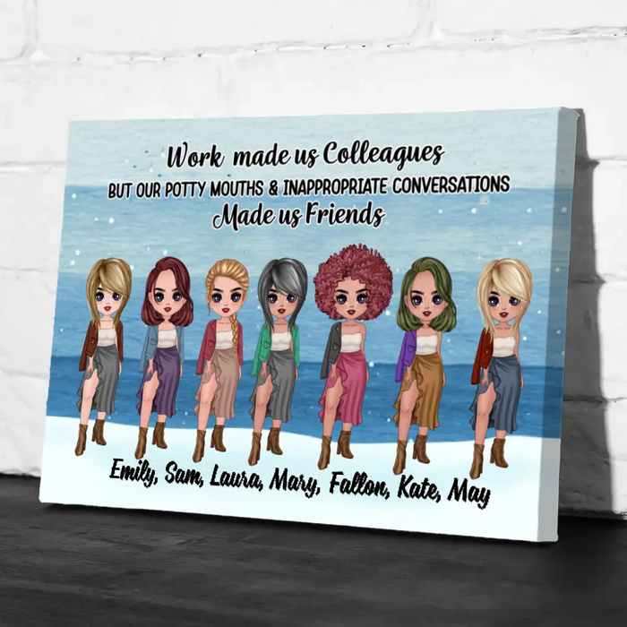 Personalized Canvas, Up To 7 Girls, Gift For Colleagues, Coworkers, Chibi Girls, Sisters, Work Made Us Colleagues