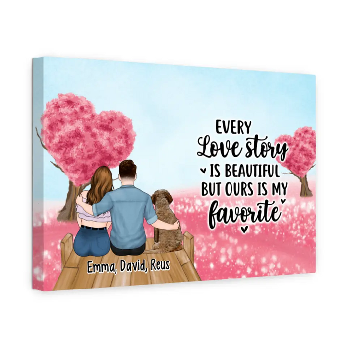 Couple Sitting With Pets - Personalized Canvas For Couples, Dog Lovers, Cat Lovers