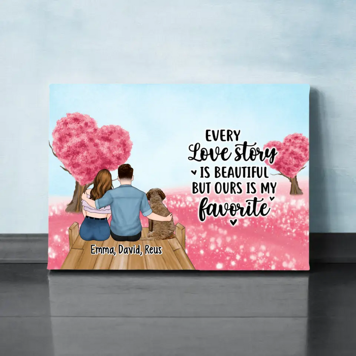 Couple Sitting With Pets - Personalized Canvas For Couples, Dog Lovers, Cat Lovers