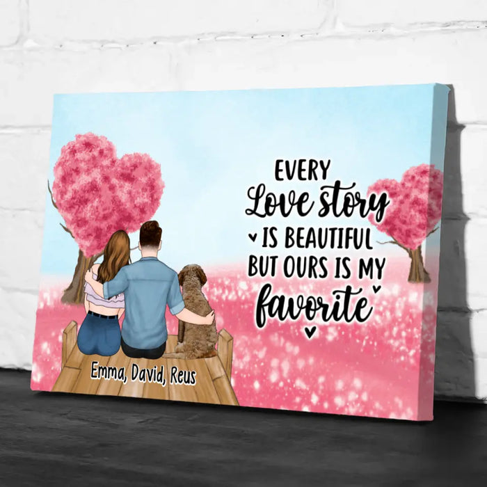 Couple Sitting With Pets - Personalized Canvas For Couples, Dog Lovers, Cat Lovers