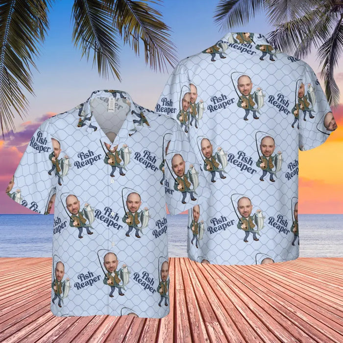 Personalized Fish Reaper Hawaiian Shirt, Custom Face Hawaiian Shirt for Men, Gift for Dad, Fishing Lovers