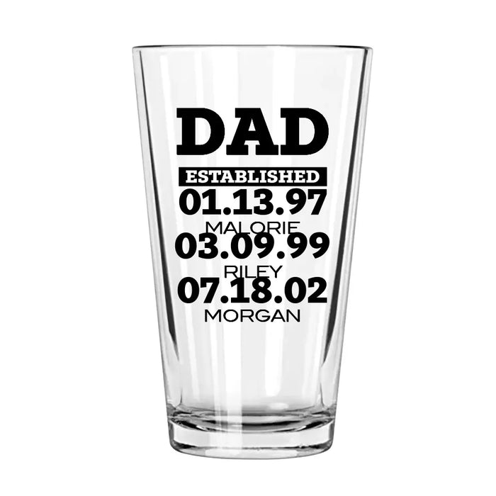 Personalized Dad 16oz Glass Cup, Custom Dad or Grandpa Established Glass, Gift for Dad, Drinking Lovers