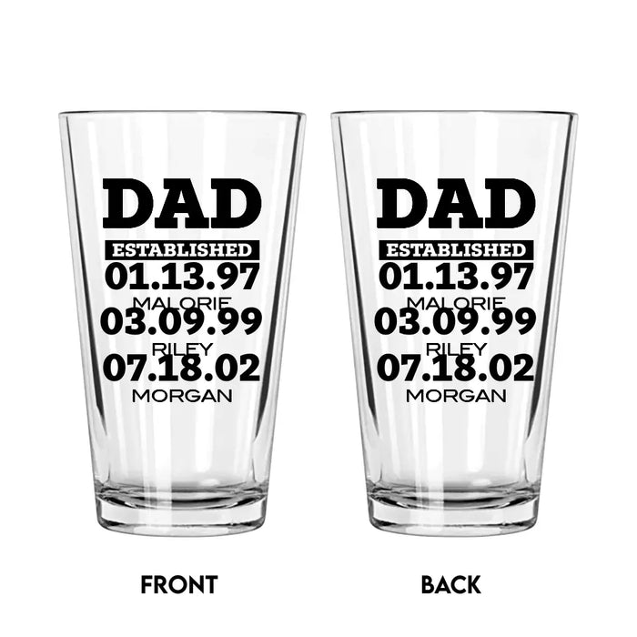 Personalized Dad 16oz Glass Cup, Custom Dad or Grandpa Established Glass, Gift for Dad, Drinking Lovers