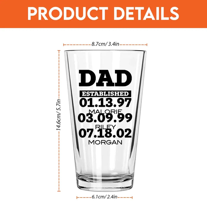 Personalized Dad 16oz Glass Cup, Custom Dad or Grandpa Established Glass, Gift for Dad, Drinking Lovers