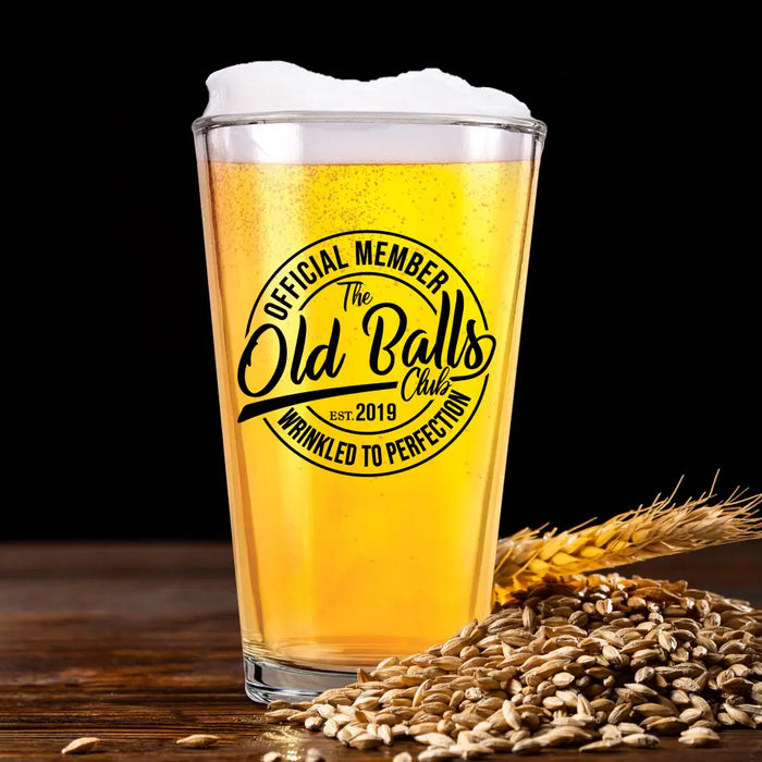 Personalized Official Member The Old Balls Club Wrinkled To Perfection 16oz Glass Cup, Custom Dad Glass Cup, Gift for Dad, Drinking Lovers