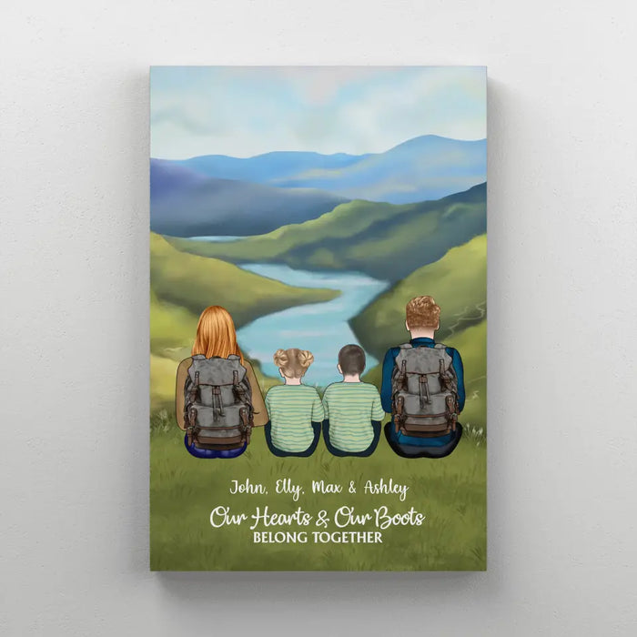 Our Hearts and Our Boots Belong Together - Personalized Gifts Custom Hiking Canvas for Family, Gift For Hiking Lovers