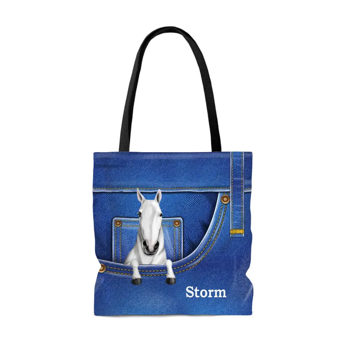 Personalized Horse with Jean Pattern Tote Bags, Gift for Horse Lovers