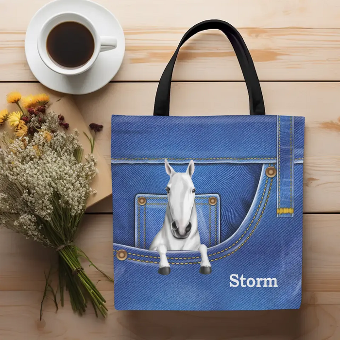 Personalized Horse with Jean Pattern Tote Bags, Gift for Horse Lovers