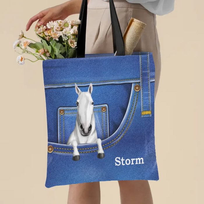 Personalized Horse with Jean Pattern Tote Bags, Gift for Horse Lovers