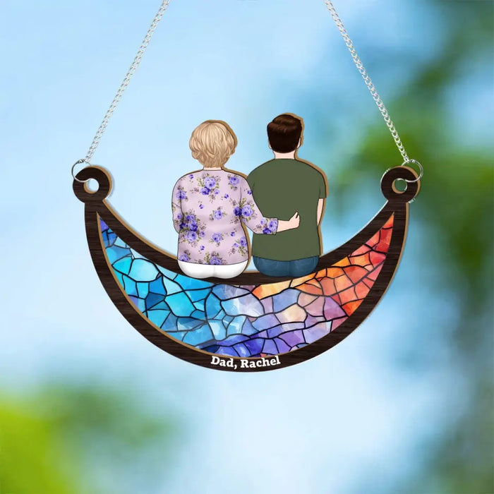 Personalized Mom and Children Sitting On The Moon Suncatcher Ornament, Custom Window Hanging Suncatcher For Mother, Grandma