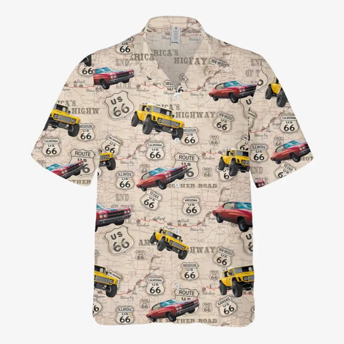 Upload Car Photo Hawaiian Shirt, Personalized Photo Upload Car Men's Hawaiian Shirt, Custom Hawaiian Shirt, US Route 66 Hawaiian Shirt