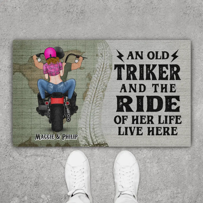 A Old Triker And The Ride Of Her Life Live Here - Personalized Gifts Custom Motorcycle Doormat for Couples, Motorcycle Lovers