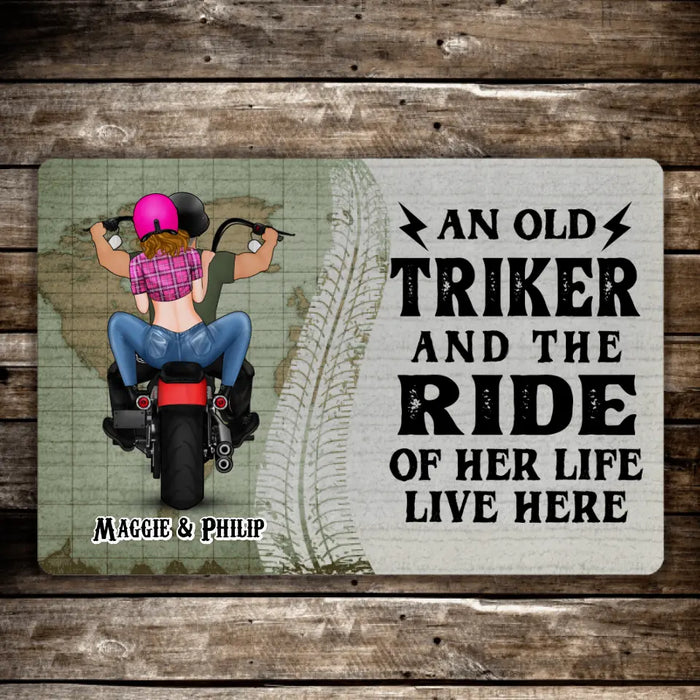 A Old Triker And The Ride Of Her Life Live Here - Personalized Gifts Custom Motorcycle Doormat for Couples, Motorcycle Lovers