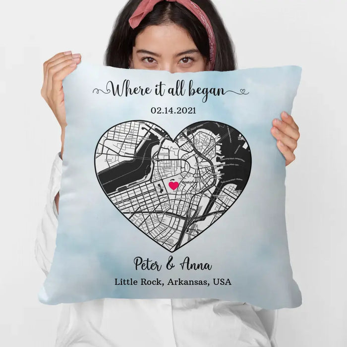 Where It All Began - Personalized Gifts Custom City Map Print Pillow For Him Her Couples, First Date Memory Map