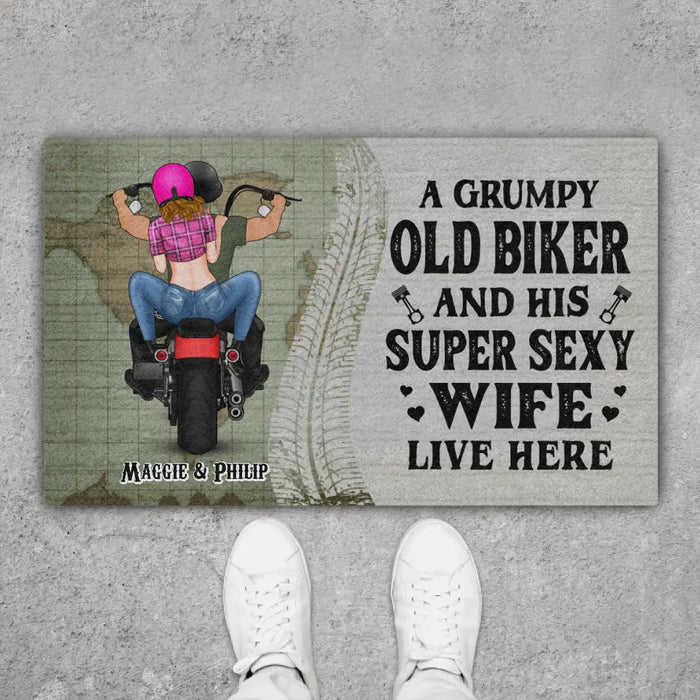 A Grumpy Old Biker And His Super Sexy Wife Live Here - Personalized Gifts Custom Motorcycle Doormat for Couples, Motorcycle Lovers