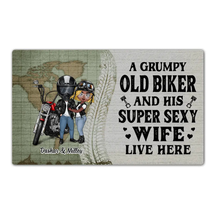 A Grumpy Old Biker And His Super Sexy Wife Live Here - Personalized Gifts Custom Motorcycle Doormat for Chibi Couples, Motorcycle Lovers