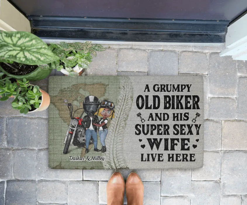 A Grumpy Old Biker And His Super Sexy Wife Live Here - Personalized Gifts Custom Motorcycle Doormat for Chibi Couples, Motorcycle Lovers