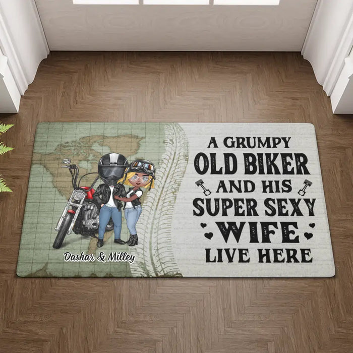 A Grumpy Old Biker And His Super Sexy Wife Live Here - Personalized Gifts Custom Motorcycle Doormat for Chibi Couples, Motorcycle Lovers