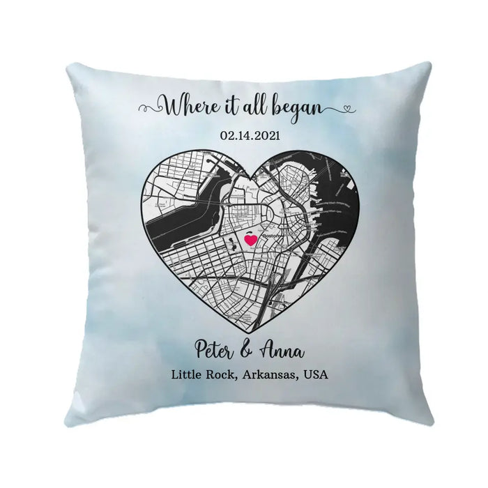 Where It All Began - Personalized Gifts Custom City Map Print Pillow For Him Her Couples, First Date Memory Map