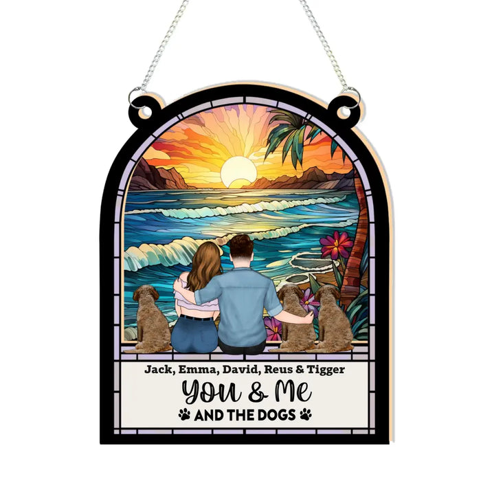 Personalized You & Me And The Dogs Suncatcher Ornament, Custom Couple Sitting with Dog Window Hanging Suncatcher, Gifts for Dog Lovers