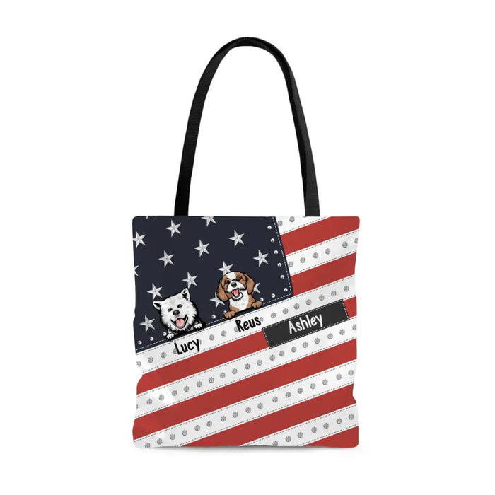 Personalized Patriotic Dog Mom Tote Bag, Custom Dog American Flag Bag Gift For Dog Mom Dog Lover