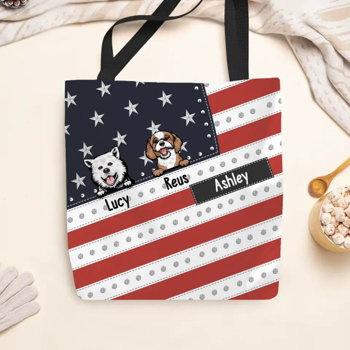 Personalized Patriotic Dog Mom Tote Bag, Custom Dog American Flag Bag Gift For Dog Mom Dog Lover