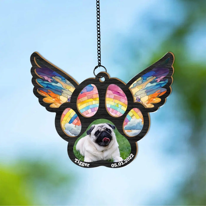 Personalized Dog Paw with Wings Photo Suncatcher Ornament, Custom Memorial Window Hanging Suncatcher for Loss of Dog, Sympathy Gifts