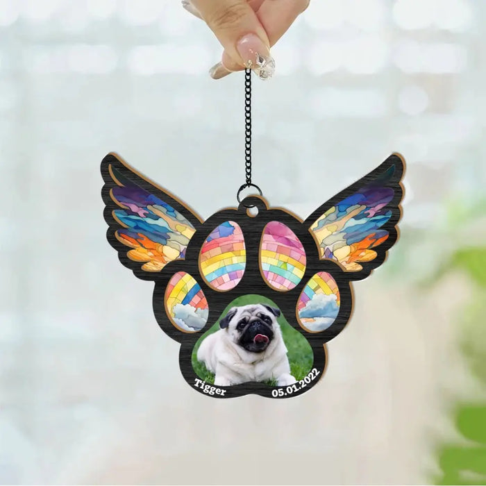 Personalized Dog Paw with Wings Photo Suncatcher Ornament, Custom Memorial Window Hanging Suncatcher for Loss of Dog, Sympathy Gifts