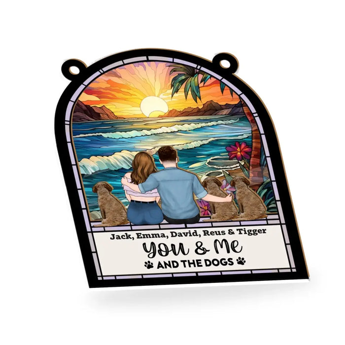 Personalized You & Me And The Dogs Suncatcher Ornament, Custom Couple Sitting with Dog Window Hanging Suncatcher, Gifts for Dog Lovers